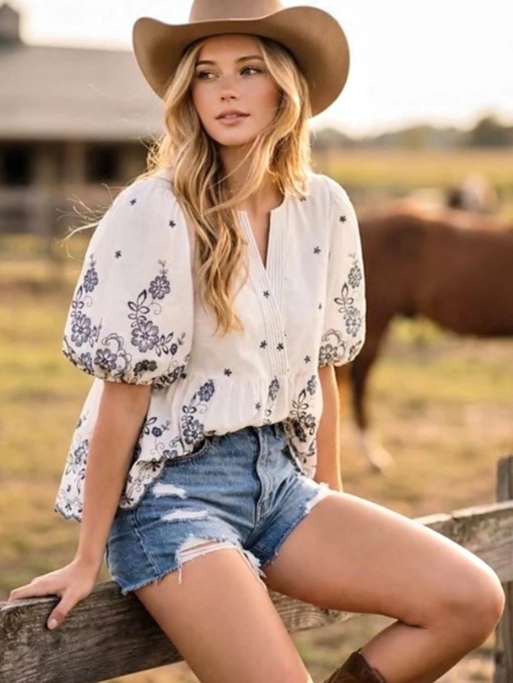 Floral Puff Sleeve Blouse in White & Blue NWT